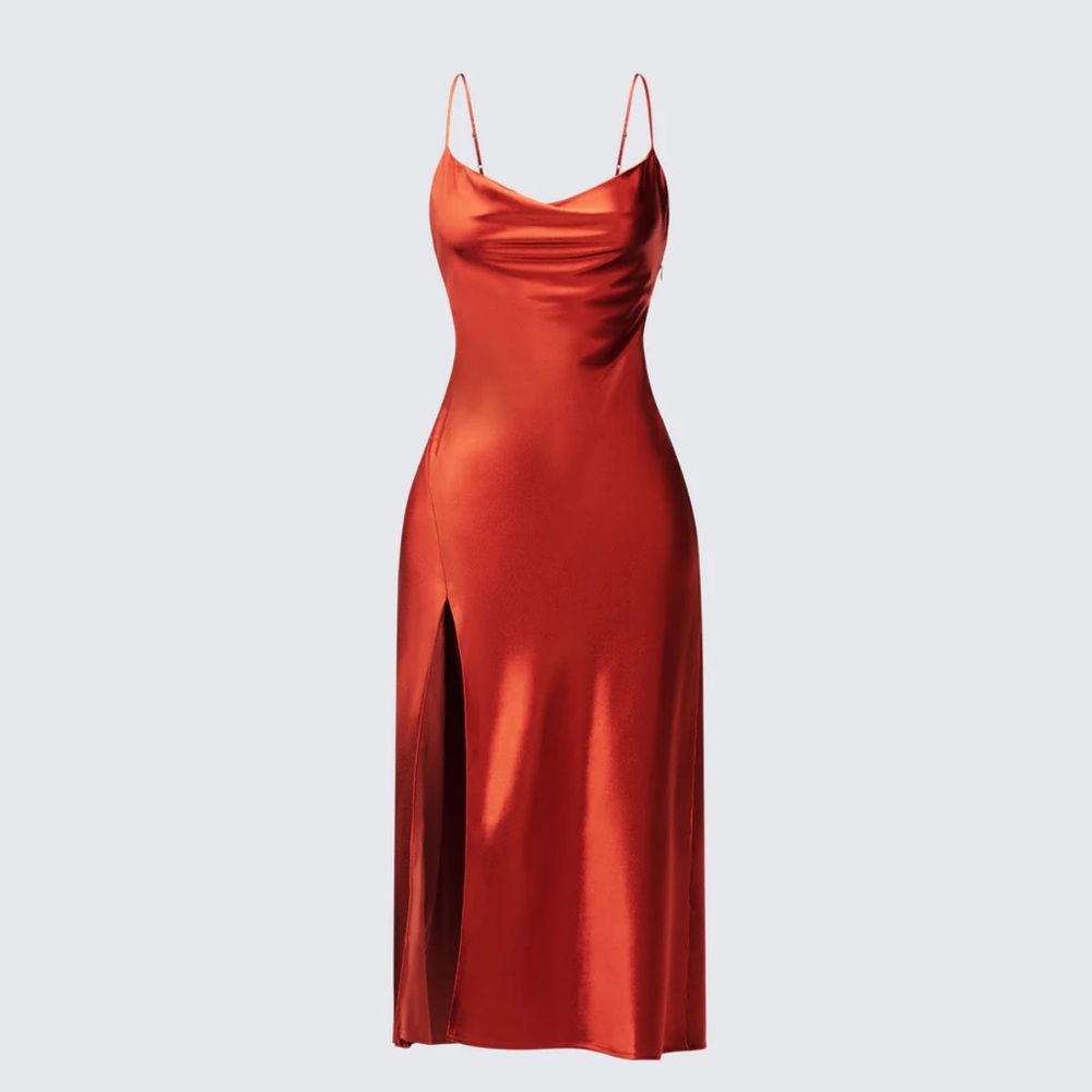 Finesse Satin Copper Formal‎ Slip Midi Dress
